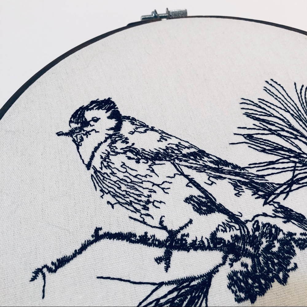 Stitched Songbird embroidery ring🧵 black on cream